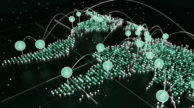 Animation starting map forming pillars on grid, camera panning nodes linking arcs showing network