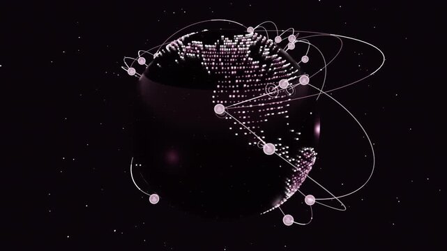 Emerging stylized dotted globe rotating in dark space, showing data links with node ripples