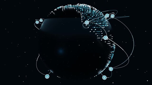 Rotating digital globe in space, cyan markers appearing and causing orbital arcs, showing network