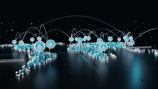 Animating world map forming from cyan white cubes on reflective plane, nodes rising and connecting
