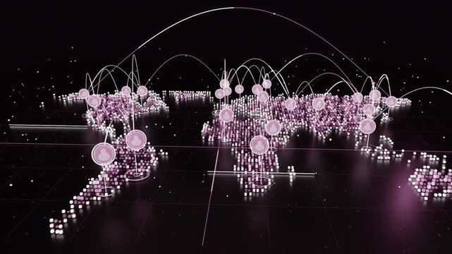 Sequence starting animating pink cube map on dark grid, rising nodes, drawing arcs, data flowing