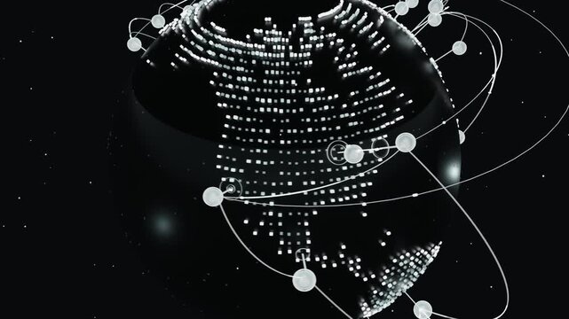 Forming grid sparking rotating dotted globe in star field, orbiting nodes tracing rings showing net