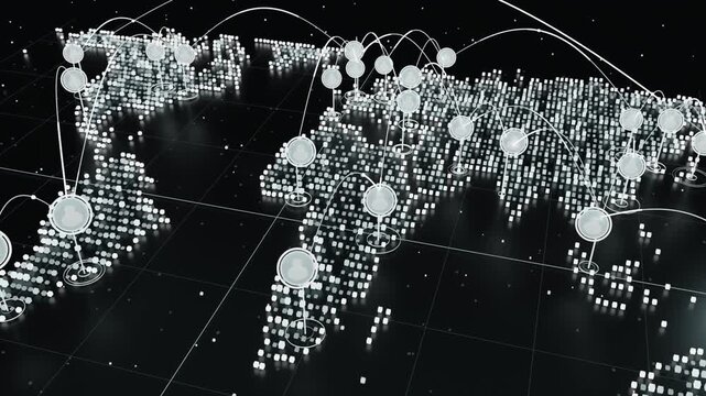 Moving camera revealing world map, rising markers and arcs showing global data on black grid