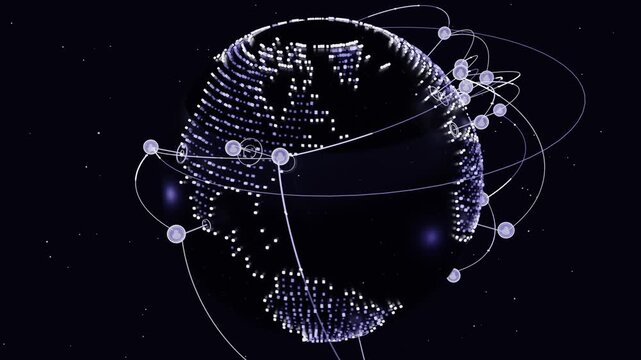 Spinning dotted globe on start, showing pulsing nodes, forming orbital network and flares in stars