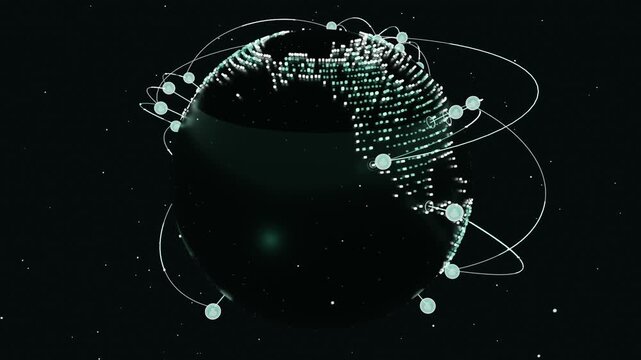 Rotating globe glowing teal dots, node markers appearing and drawing arcs in space, showing network