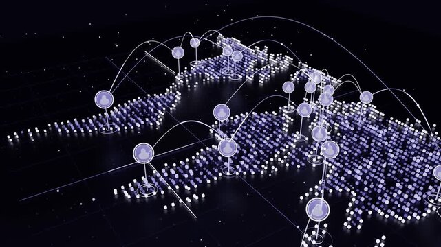 Panning cube map forming global data network on black plane, markers popping and arcs linking