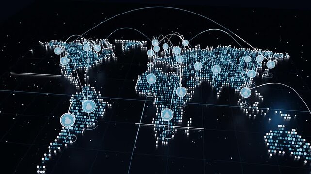 Forming hologram pixel map on grid, markers appearing after pause, showing world links with avatars