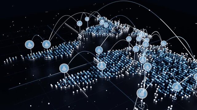 Animating 3D map with lit pillars on black plane, markers rising, tracing arcs showing data flow
