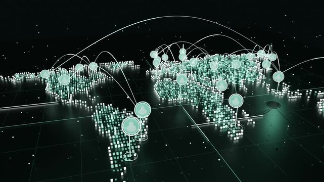 Animating 3D map as hub markers appearing, glowing pixels forming arcs on dark grid showing links
