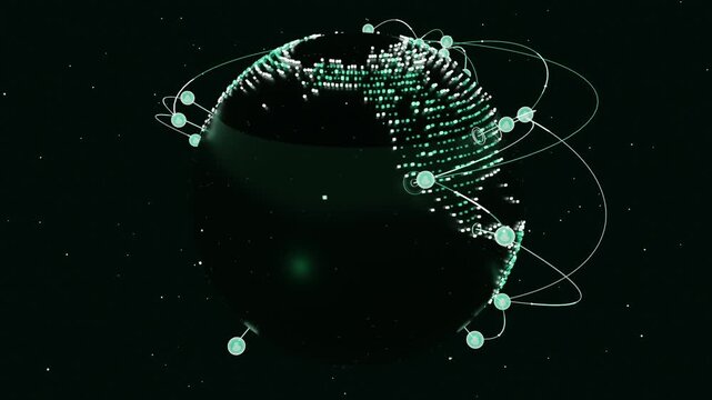 Rotating globe on timeline start, tracing arcs and linking nodes over deep space, pulsing rings