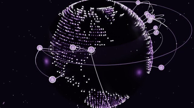 Bursting nodes driving luminous globe pulsing, linking points along rings in space, showing network