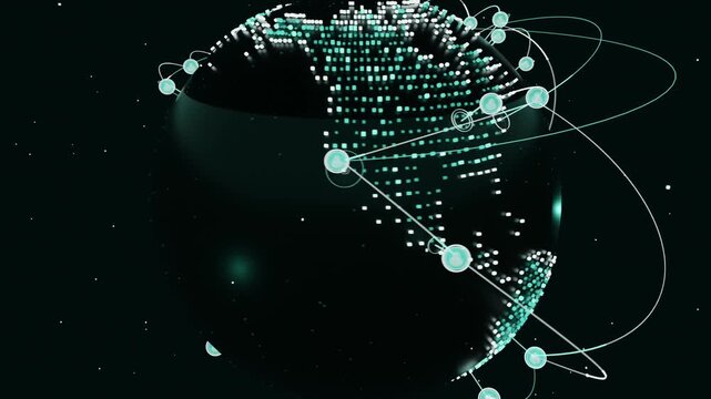 Animation starting dotted globe rotating in dark starfield, spawning teal nodes and drawing orbits