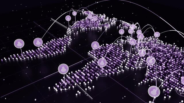 Animating 3D map starting with purple columns on dark plane, forming nodes and arcs showing network