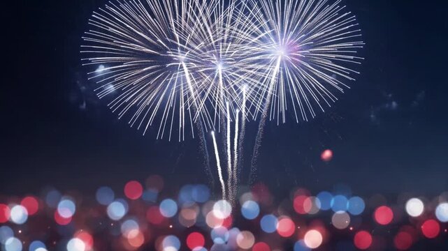 Stunning Night Sky Featuring Vivid Multi Color Fireworks Bursting Over A Soft Out Of Focus Cityscape With Blurred Lights In The Foreground Creating An Atmospheric Celebration View For Holidays Events