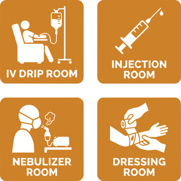 Hospital outpatient procedure and treatment room signage icon set, flat vector yellow signs pack for IV drip room, injection room, respiratory nebulizer room, and wound dressing room symbols
