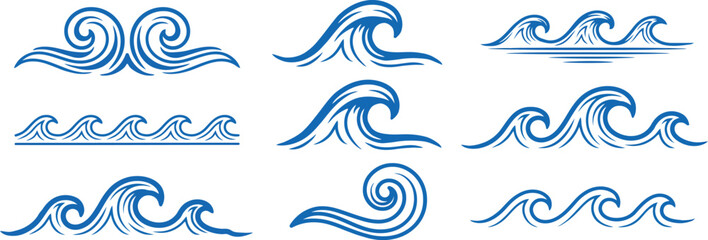 Set of blue water wave icons for ocean and sea themed graphic design elements isolated on background. Vector illustration © MstSima