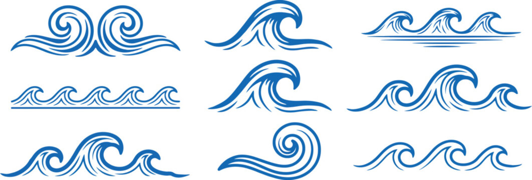Set of blue water wave icons for ocean and sea themed graphic design elements isolated on background. Vector illustration