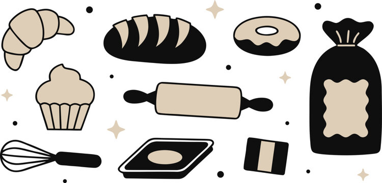 Bakery and pastry shop baking icons flat vector illustration for cafe menu design, bread house advertisement, or food delivery service
