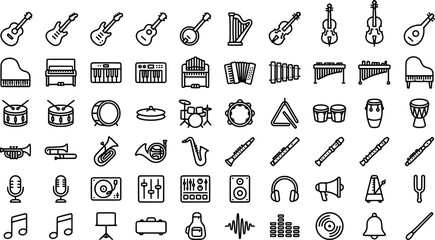 Set of thin line icons for musical instruments and audio equipment transparent background © Arko