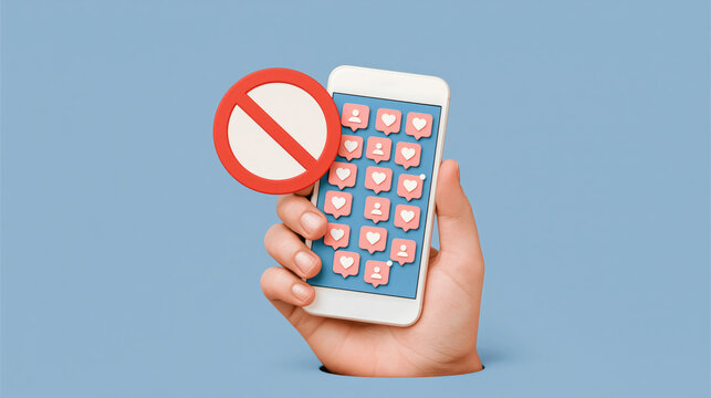 Hand holding a white smartphone with social media icons on screen and a red forbidden stop sign symbol