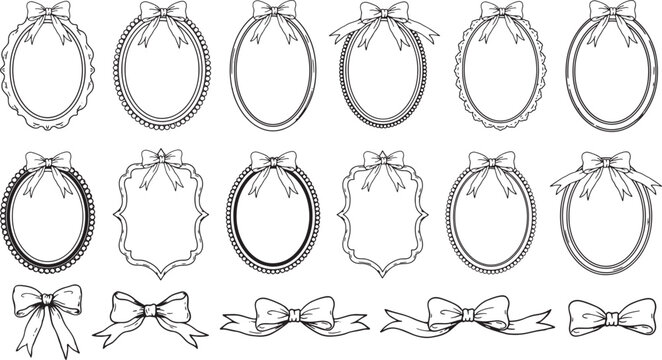 Set of hand drawn oval and rectangular vintage frames with bows, elegant romantic decorations. Vector illustration