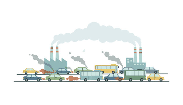 Heavy urban traffic congestion and industrial factories emitting thick smog causing severe air pollution and environmental damage.
