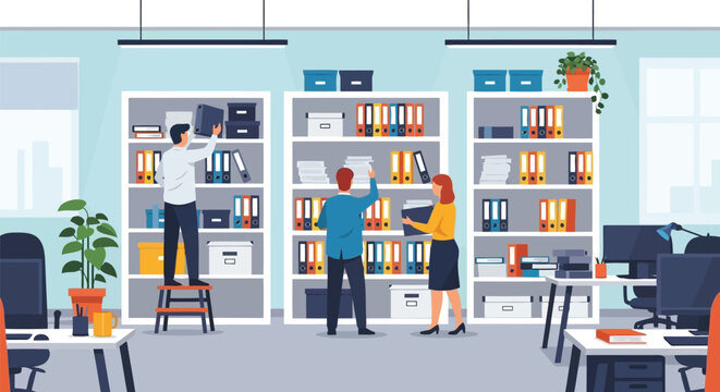 Illustration of office workers organizing documents and files on shelves in a modern workplace, managing archives and paperwork efficiently