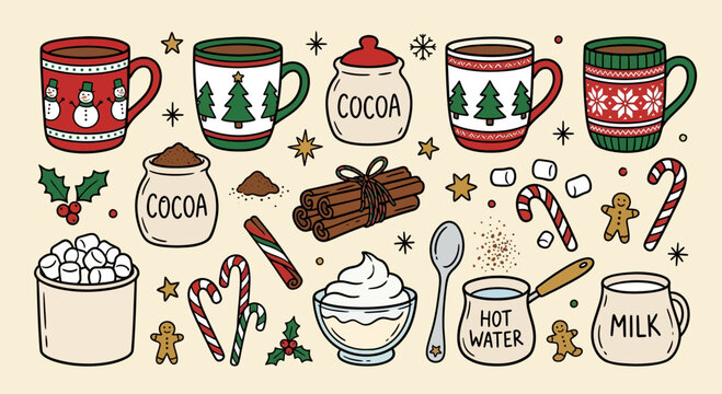 Christmas Hot Cocoa Ingredients and Mugs, Festive Winter Drink Elements