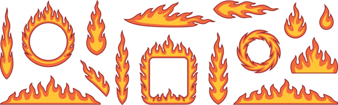 Set of orange and yellow fire frames and border elements for decorative graphic design compositions art. Vector illustration
