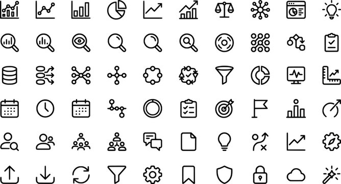 Set of 90 thin line vector icons for data analysis, business strategy, and management transparent background