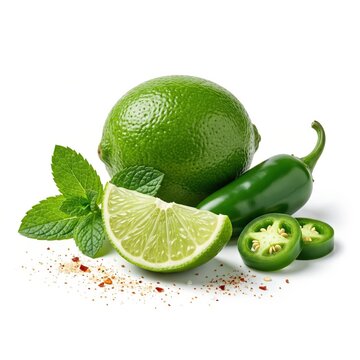 Fresh green lime fruit and spicy jalapeno pepper with mint leaves and seasoning