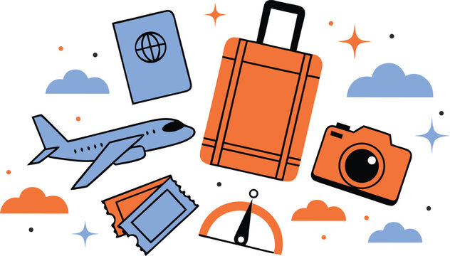 Stylized travel icons with airplane suitcase tickets camera and compass on transparent background for vacation