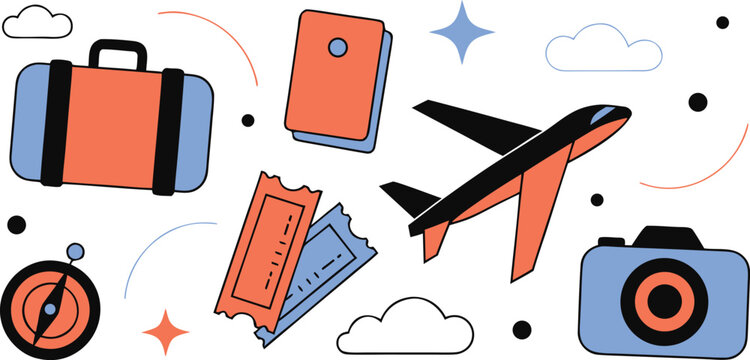 Travel and vacation theme vector icons with airplane luggage tickets camera and compass on transparent background