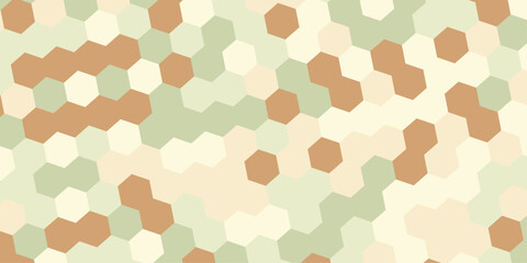 Abstract geometric seamless pattern background with mosaic hexagons in pastel shades of beige, green and brown, modern polygon camouflage grid texture illustration for backdrop design layout. © Abu Bokkor Siddique