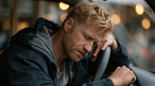 Sami man in his thirties sitting alone in a parked vehicle outside a busy restaurant, forehead resting against the steering wheel, rain on windows softening the crowd noise