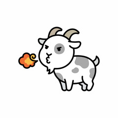 Obraz premium Flat vector icon of a goat blowing a small puff of fire. Minimalist funny corporate mascot with clear bold lines isolated on white background