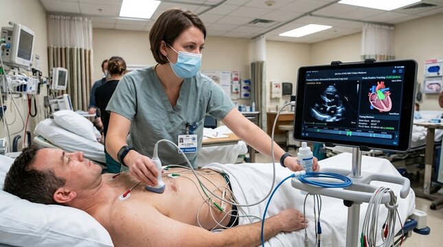A sonographer wearing a sensor band performs focused cardiac ultrasound on a patient while a tablet on a rolling stand shows live video, probe position tracking, and timing markers; gel bottle