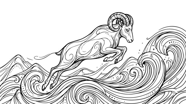 Dynamic leaping ram line art illustration. Stylized vector drawing with swirling waves and mountains. Outline graphic element