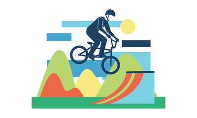 Obraz premium Stylized person performing a mid-air bmx bike trick on a curved ramp featuring minimalist geometric shapes and bold flat colors on a white background sports concept