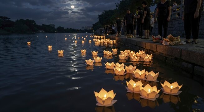 Glowing paper lotus lanterns floating on a dark river at night. People gathered on stone bank for traditional Chinese Hungry Ghost Festival