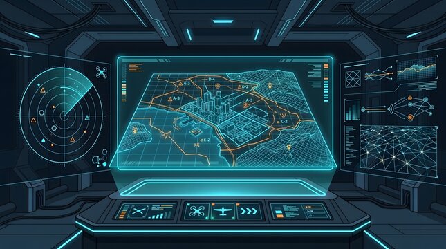 Futuristic sci-fi control room with holographic HUD interface showing tactical 3D map and radar data visualization