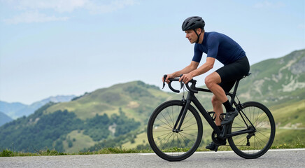 Obraz premium Male athlete riding professional road bike on mountain road. Cyclist in blue jersey and black helmet training outdoors. Summer cycling competition concept