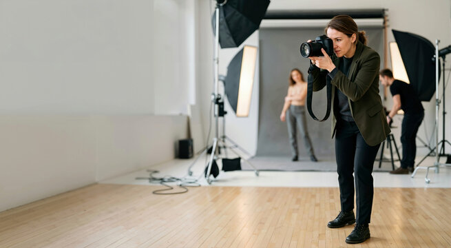 Professional female photographer holding DSLR camera during studio shoot. Fashion photography session with model and assistant in background