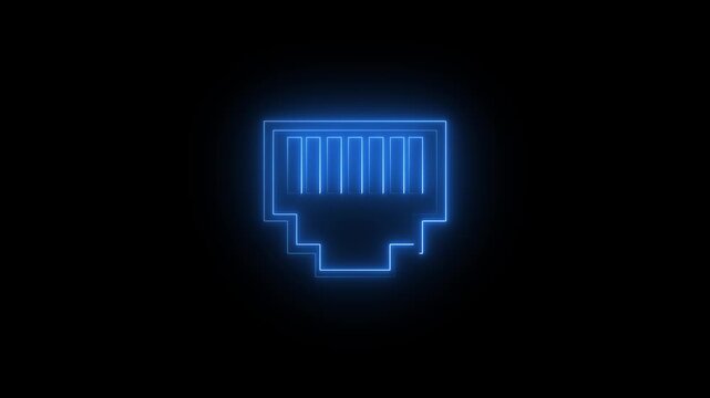 Neon blue digital icon of a network port or ethernet connector