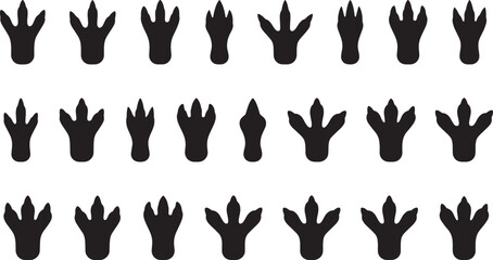 Set of dinosaur footprints, collection of various dinosaur paw prints, black silhouettes of ancient animal trails. Vector Illustration © Abdul