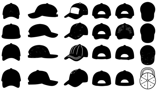 Baseball Hat Cartoon Vector Icon Set with Multiple Cap Styles Front Side Back Views Sport Headwear Collection Isolated on White Background