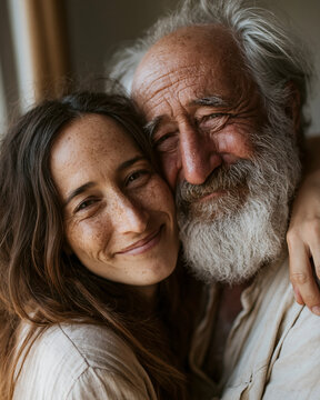 Warm embrace between a young woman and elderly man. Their smiles radiate joy and deep affection. Soft lighting highlights their tender connection. Natural tones create a peaceful, heartfelt atmosphere