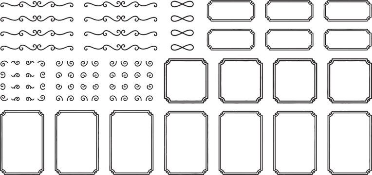 Vintage frame and divider collection featuring scroll borders and classic decorative elements for elegant page layout. Vector Illustration
