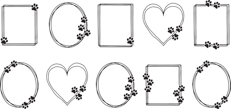 Paw print frame collection for pets featuring various shapes such as hearts squares and ovals with decorative animal toes. Vector Illustration