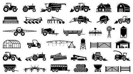 : Black Farm Tractor and Agricultural Equipment Silhouette Vector Icon Set with Barn and Farm Buildings © Shohel